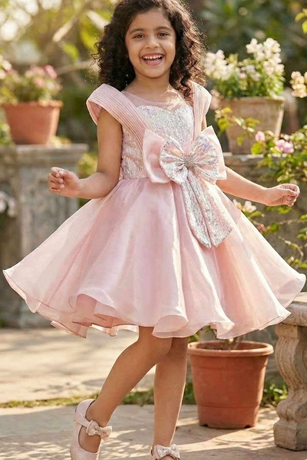 Peach Embellished Party Wear Frock with Structured Shoulder Straps For Girls