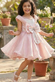 Peach Embellished Party Wear Frock with Structured Shoulder Straps For Girls