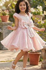 Peach Embellished Party Wear Frock with Structured Shoulder Straps For Girls