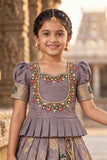 Grey Zari Woven Pattu Pavadai Set With  Puff Sleeves For Girls
