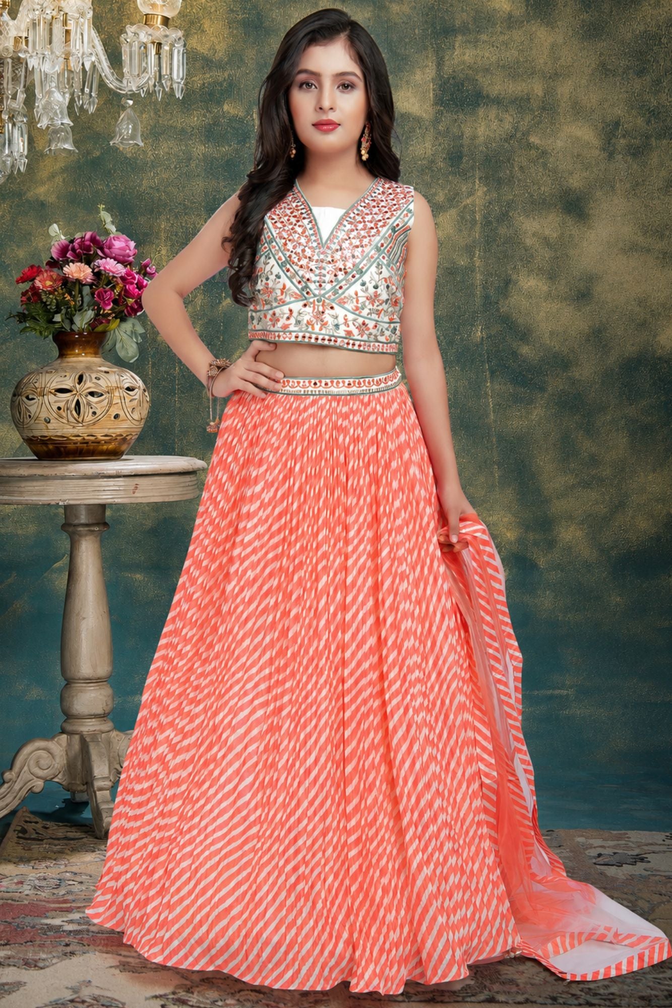 Coral & White Printed Lehenga Choli Set