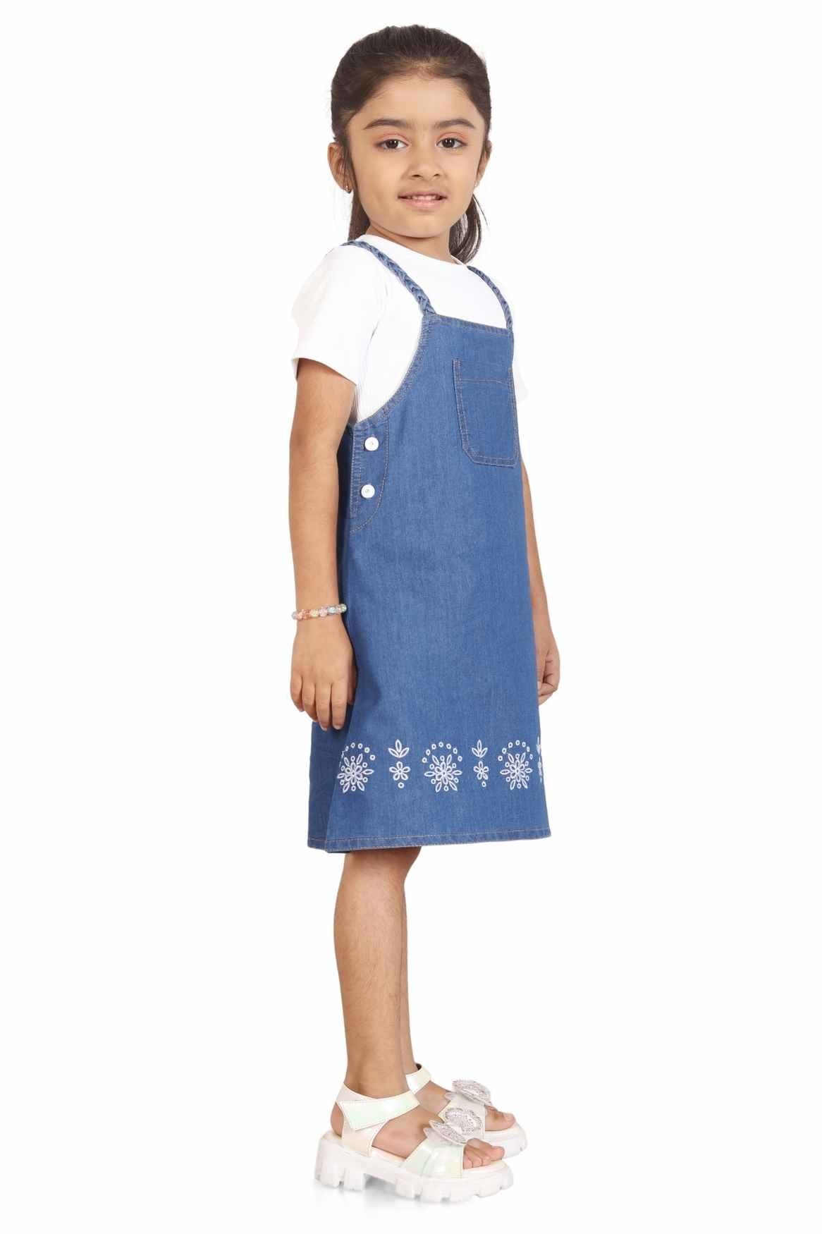 Blue Denim Stylish Dungaree With Floral Embroidery And White T-Shirt Set For Girls
