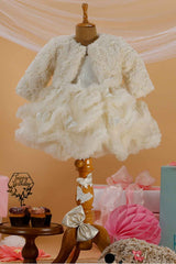 Cream Ruffled And Sequin Frock With Overcoat For Girls