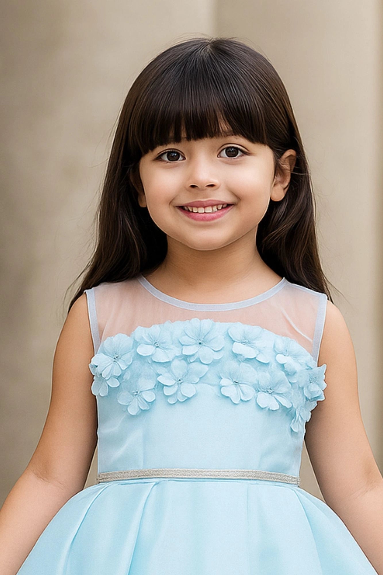 Elegant Sky Blue Embellished High-Low Party Wear Frock with Floral Bodice For Girls