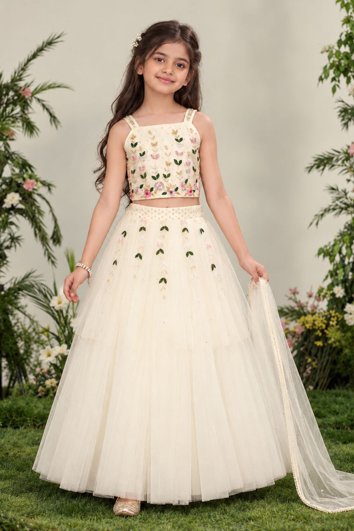 White Embroidered Lehenga Choli Set For Girls