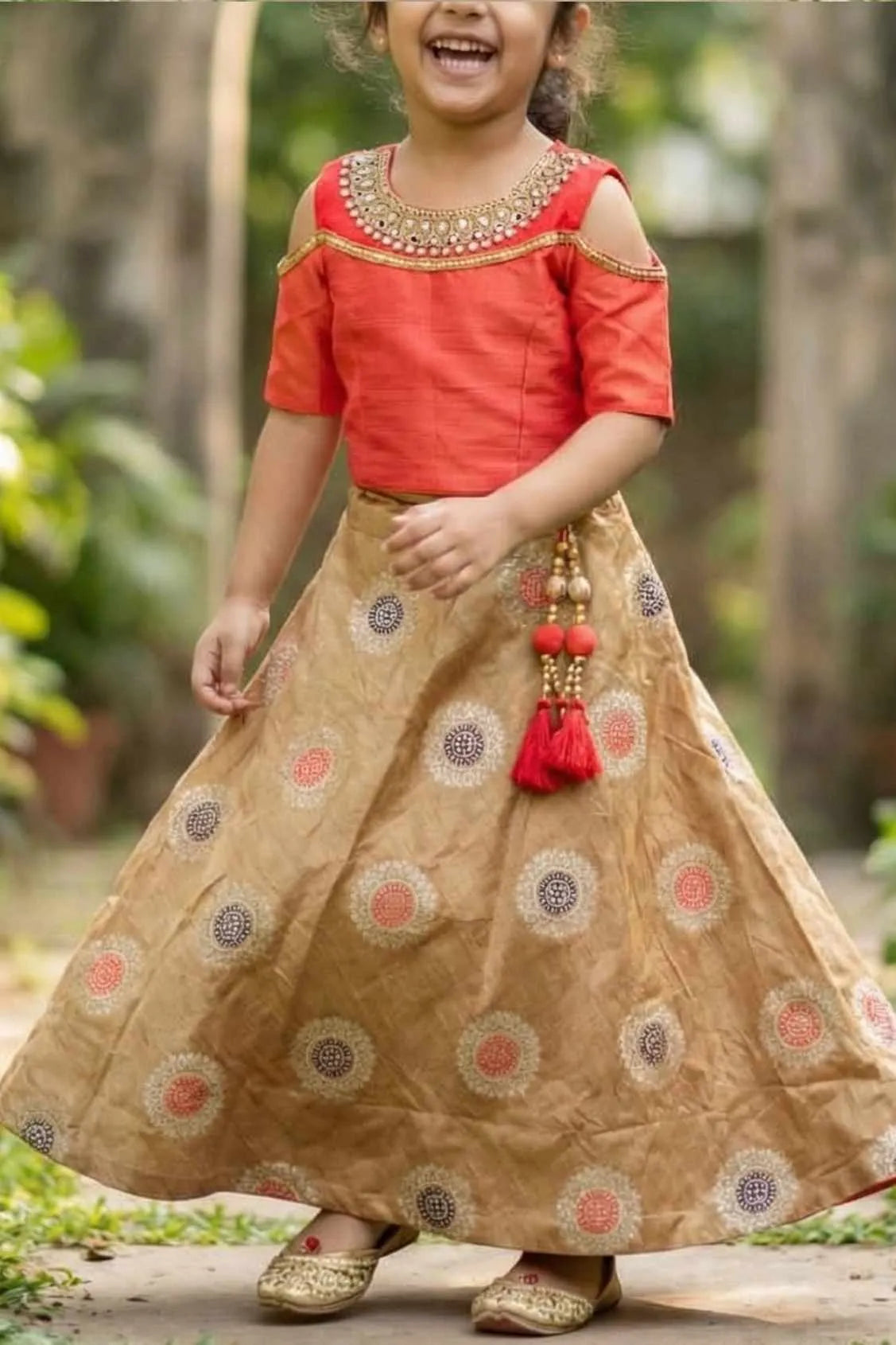 Red Cold-Shoulder Lehenga Choli For Girls
