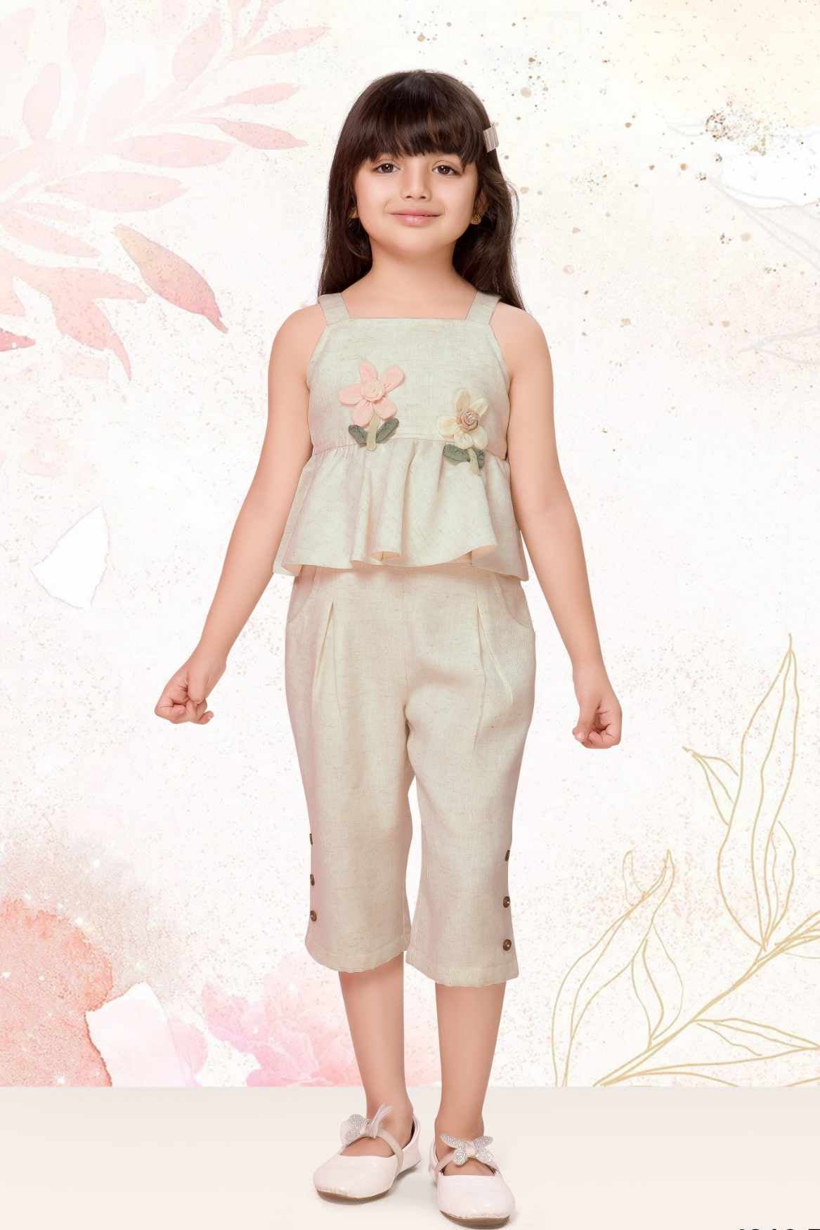 Cream Floral Appliqué And Palazzo Set For Girls
