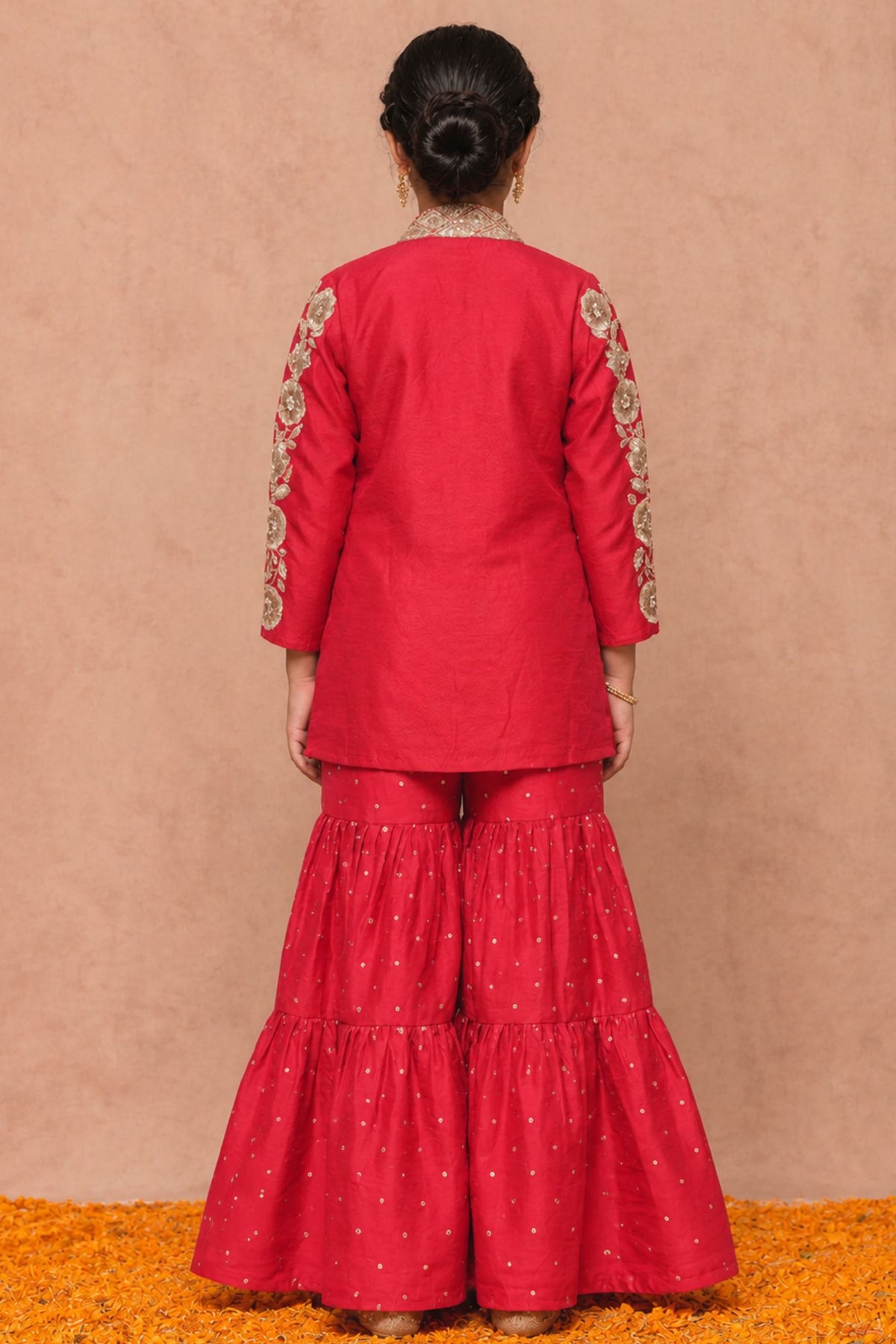 Coral Red And Gold Floral Embroidered Jacket With Embellished Sharara Set