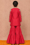 Coral Red And Gold Floral Embroidered Jacket With Embellished Sharara Set