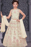 Cream Floral Embroidered Lehenga Choli Set With Dupatta For Girls