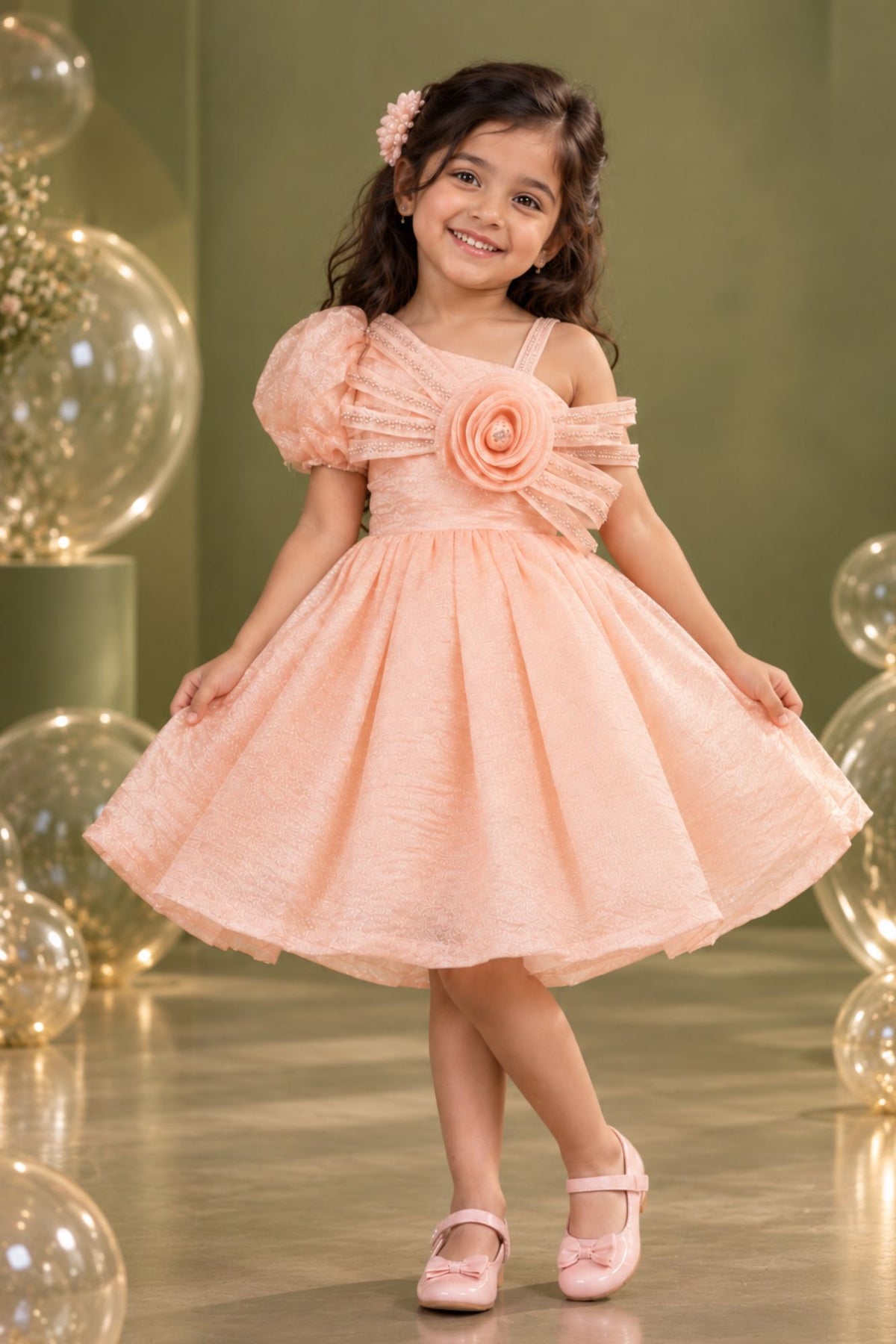 Peach One-Shoulder Party Frock with 3D Floral Bow For Girls