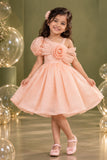 Peach One-Shoulder Party Frock with 3D Floral Bow For Girls