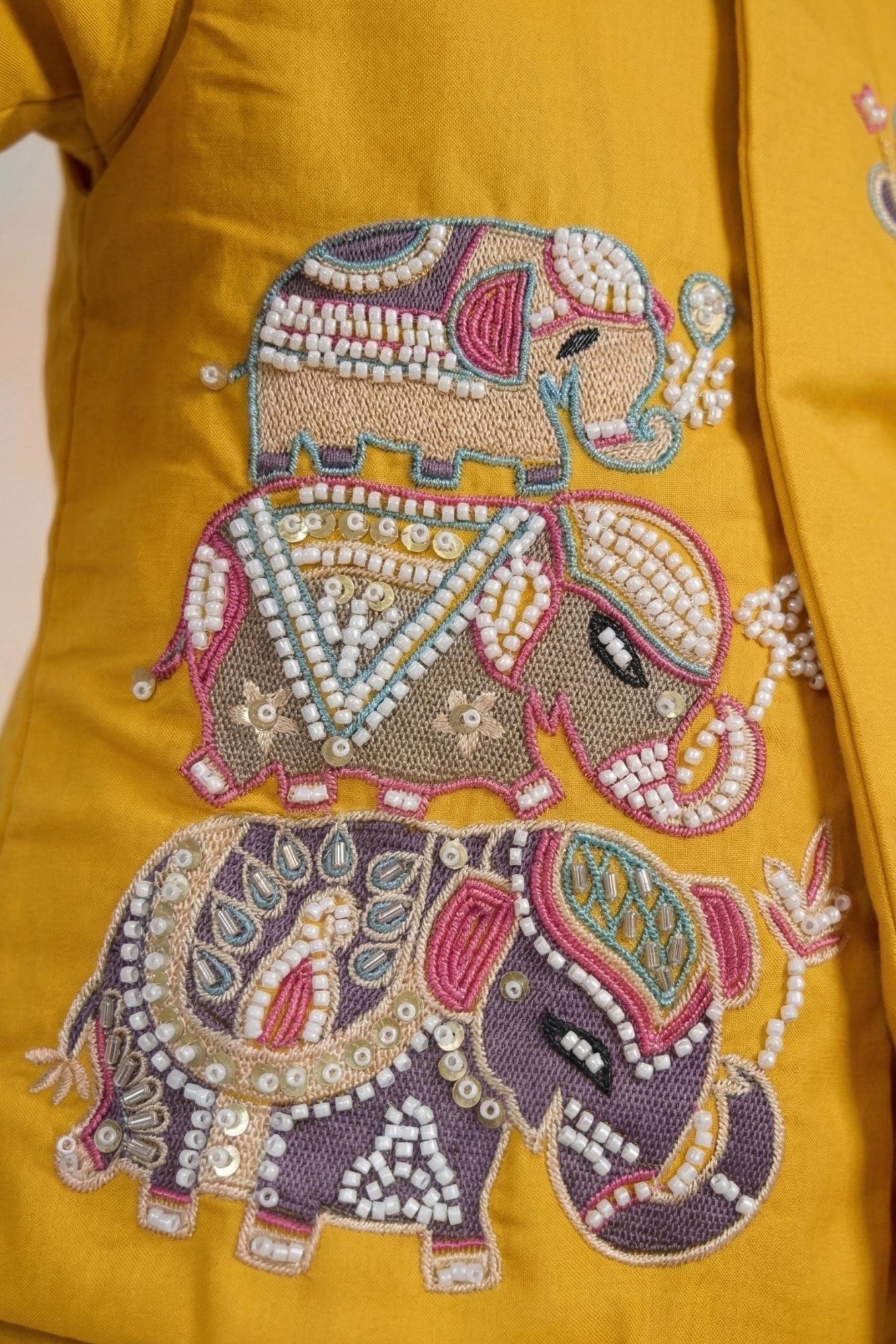 Boys Mustard Yellow Kurta Set with Elephant Embroidered Nehru Jacket
