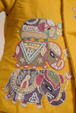 Boys Mustard Yellow Kurta Set with Elephant Embroidered Nehru Jacket