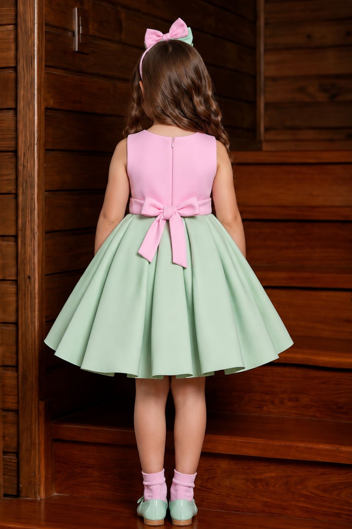 Girls Pista Green And Pink Bow Applique Party Wear Frock