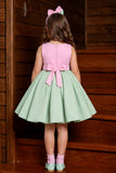 Girls Pista Green And Pink Bow Applique Party Wear Frock