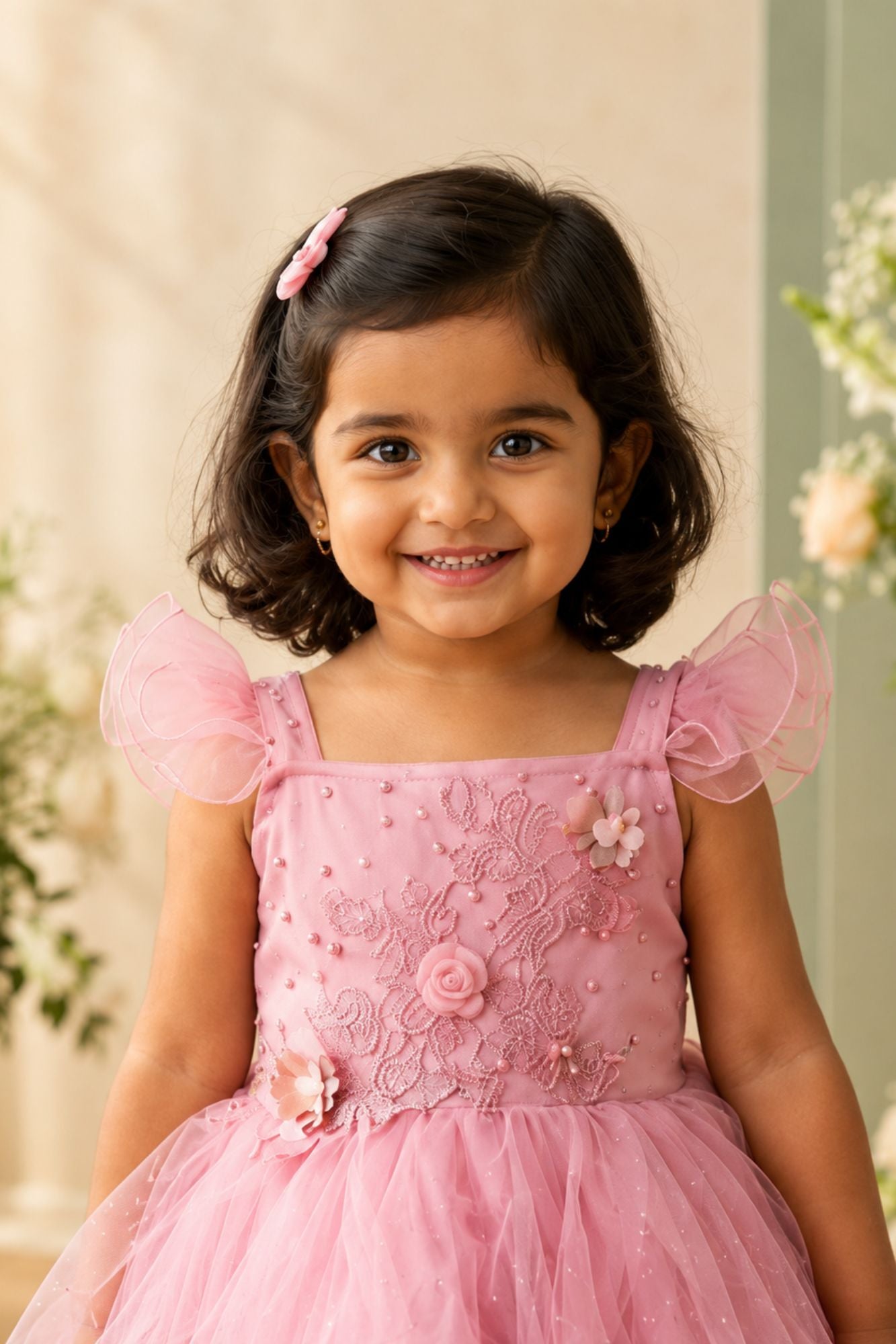 Girls Dusty Pink Floral Embellished Layered Net Party Wear Gown