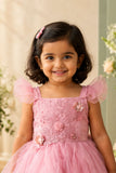 Girls Dusty Pink Floral Embellished Layered Net Party Wear Gown