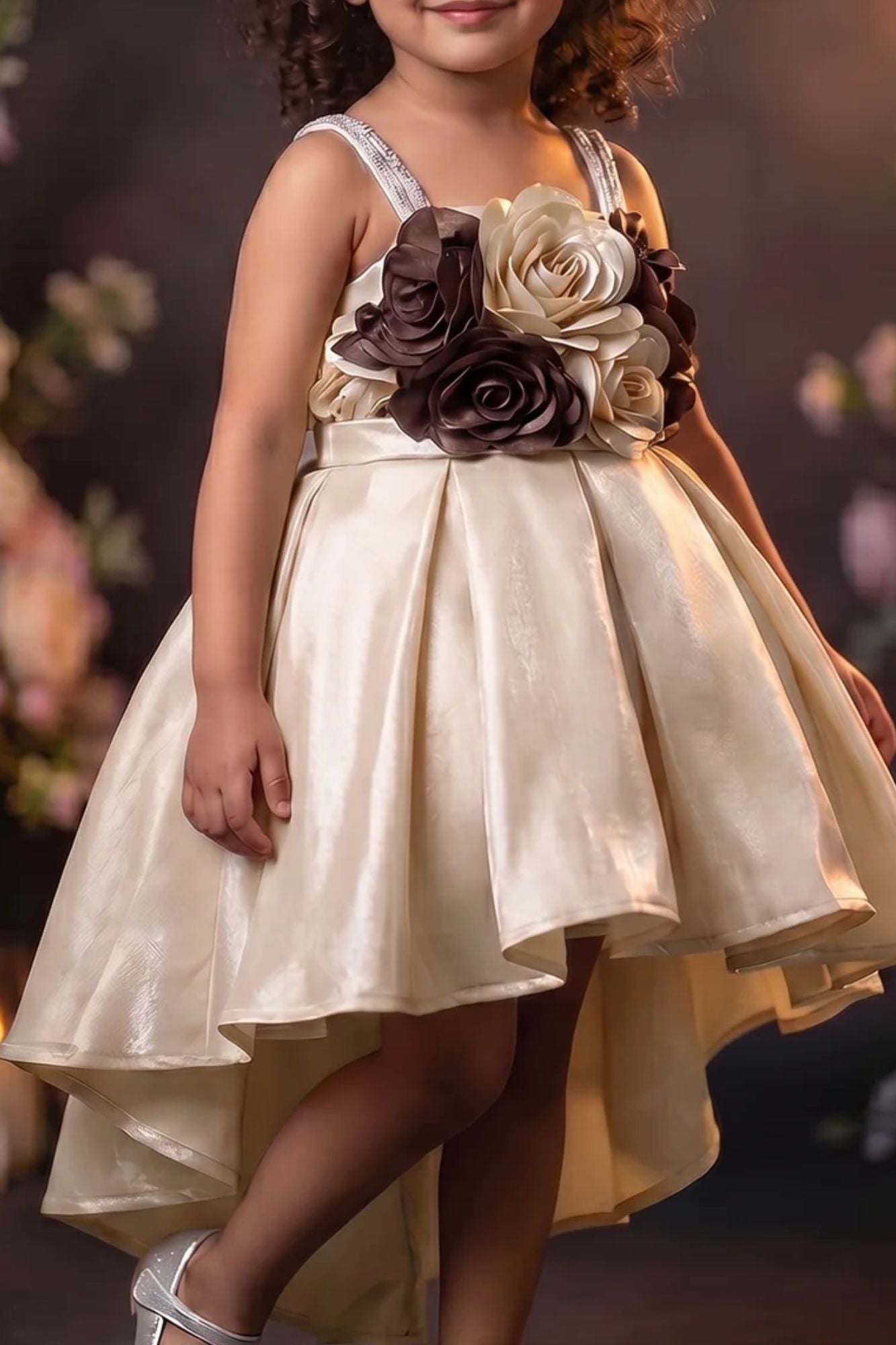 Girls Fawn High Low Party Wear Frock with 3D Floral Applique