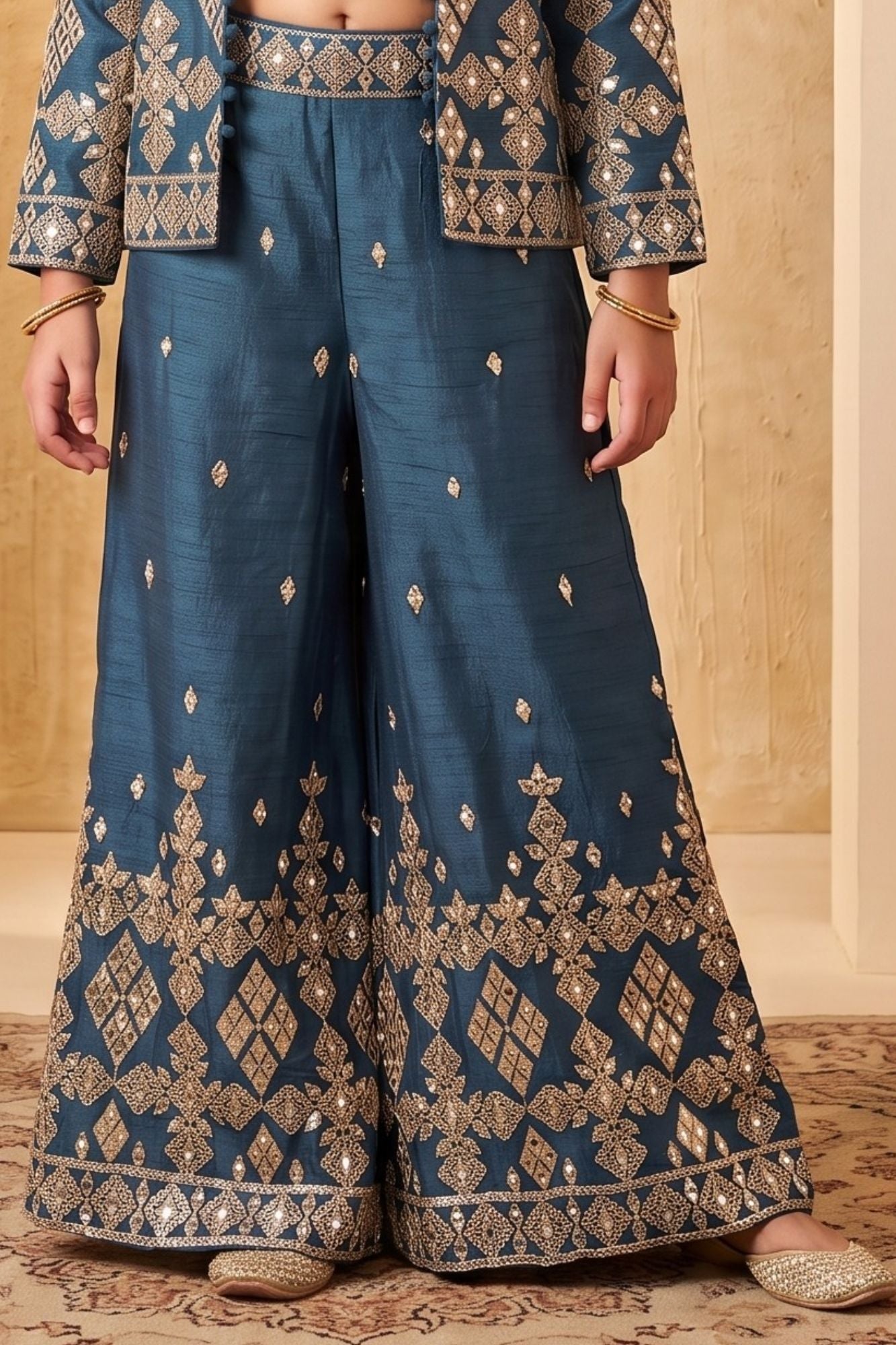 Blue  Geometric Diamond Embroidered Crop Top with Jacket and Palazzo Set