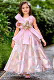 Girls Pink Metallic Geometric Floral Applique Party Wear Gown