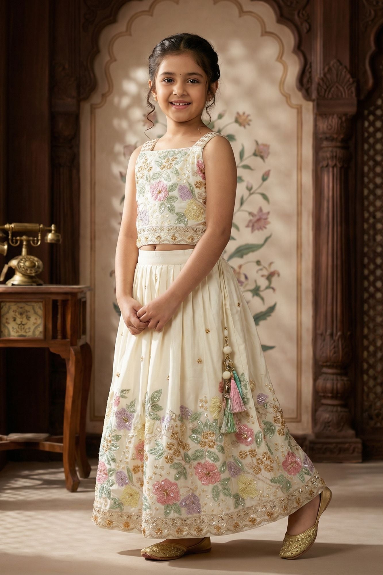Girls White Floral Embroidered Lehenga Set With Dupatta