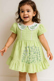 Green Embroidered Frock With Peter Pan Collar & Ruffled Hem For Girls