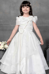 Designer Cream Satin Sequin And Floral Embellished Gown For Girls