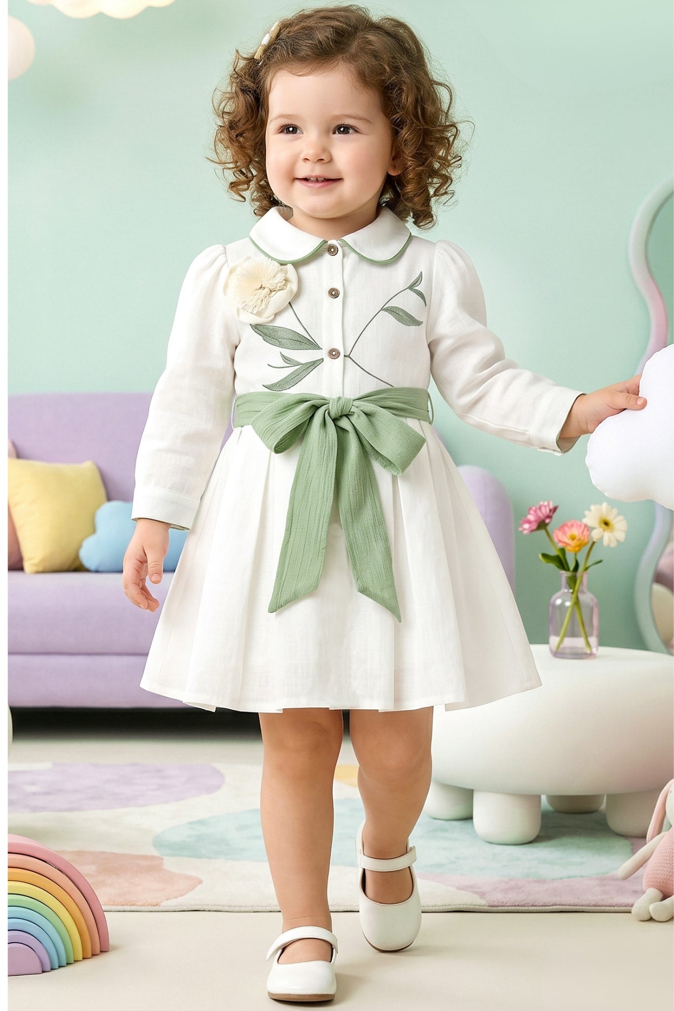 Girls White Dress with Sage Green Bow
