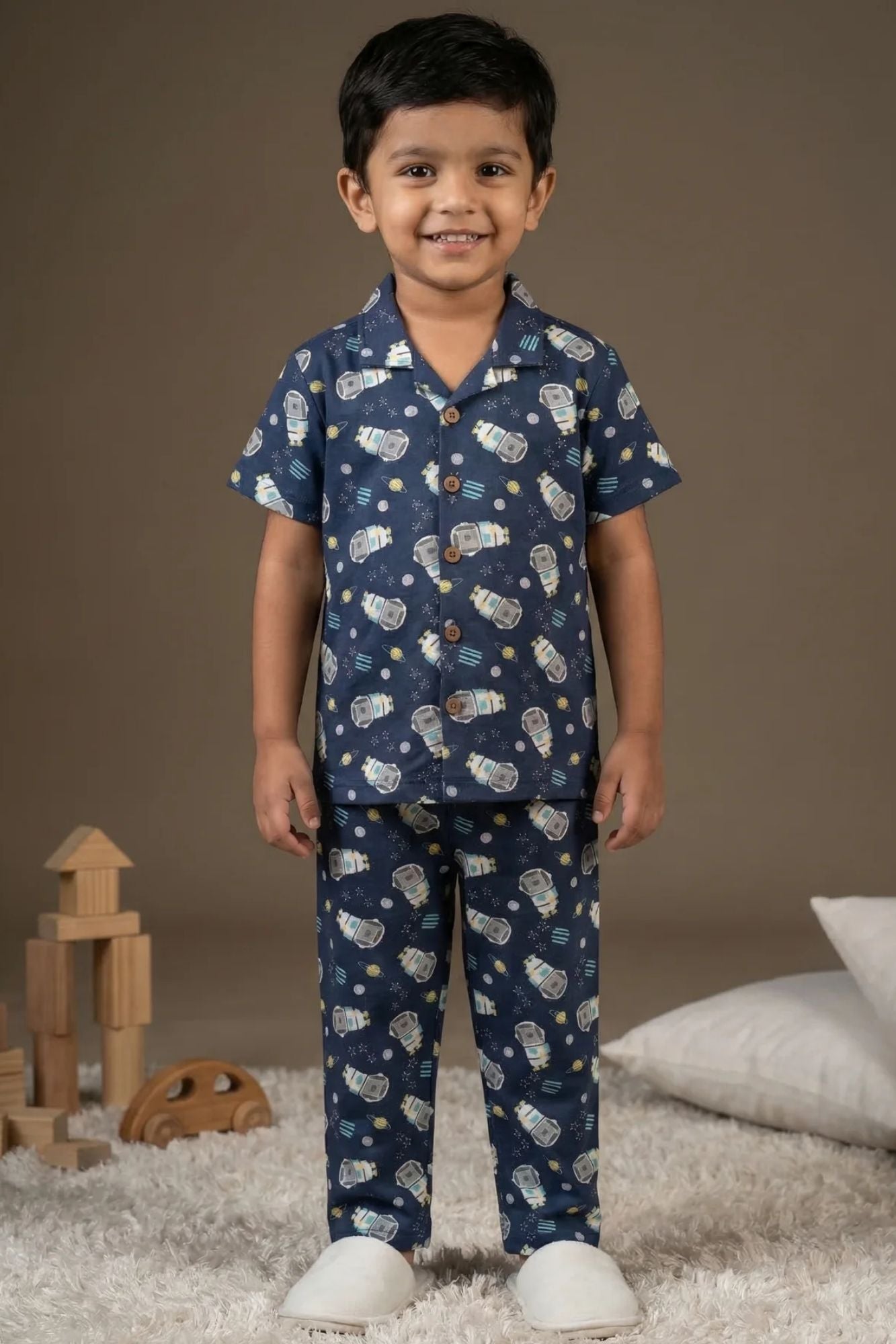 Navy Blue Space Astronaut Print Cotton Night Suit Set For Boys