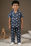 Navy Blue Space Astronaut Print Cotton Night Suit Set For Boys