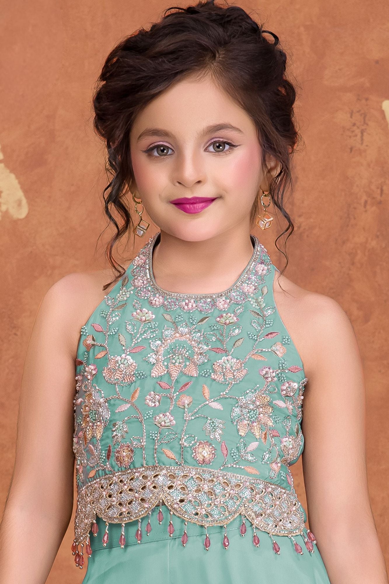 Girls Sea Green Embroidered Palazzo Set With Halter Neck And Dupatta