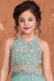 Girls Sea Green Embroidered Palazzo Set With Halter Neck And Dupatta