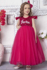 Barbie Sequined Pink Net Gown With Ruffled Sleeves For Girls