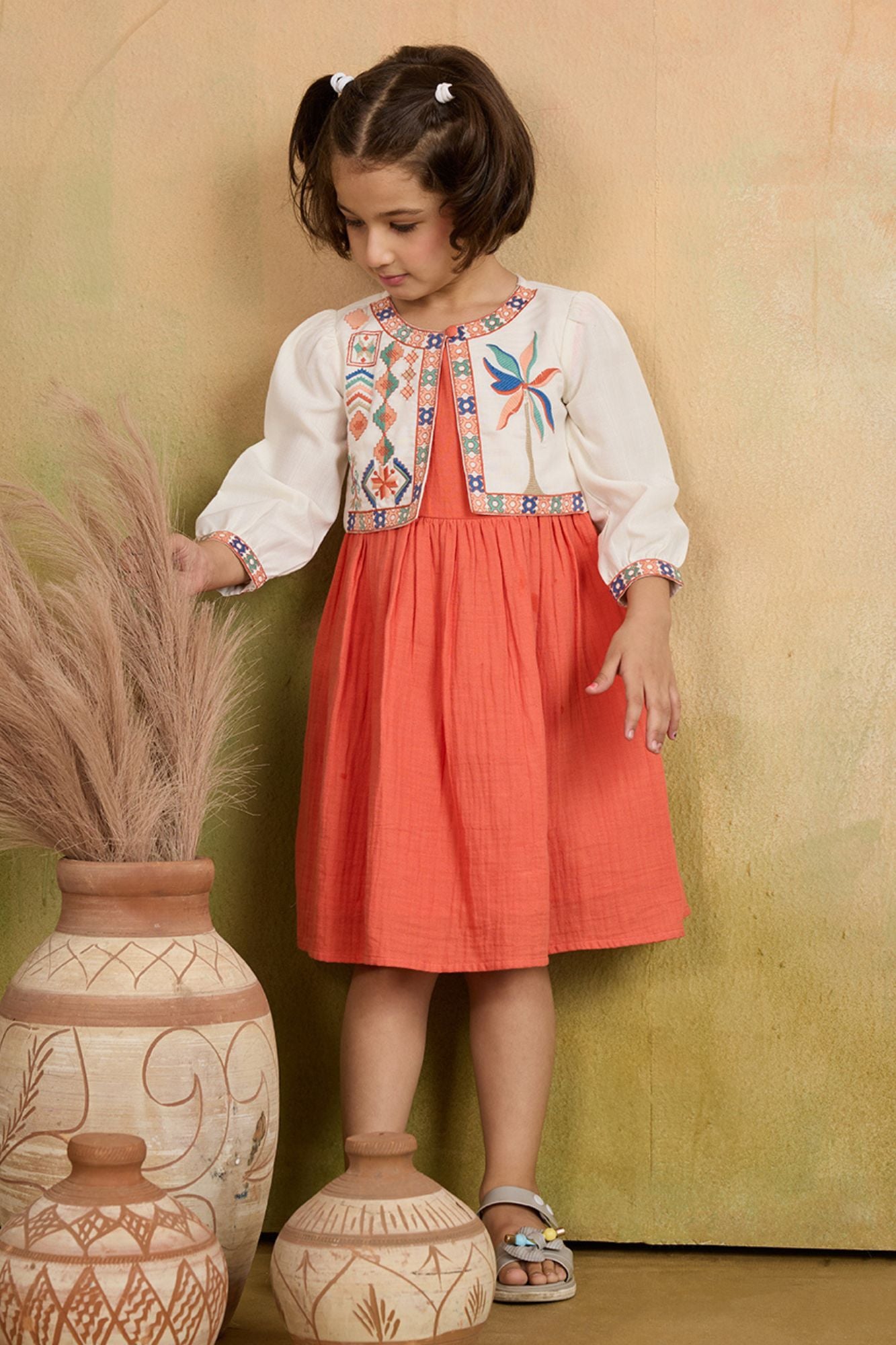 Orange & Ivory Embroidered Dress With Cropped Jacket For Girls