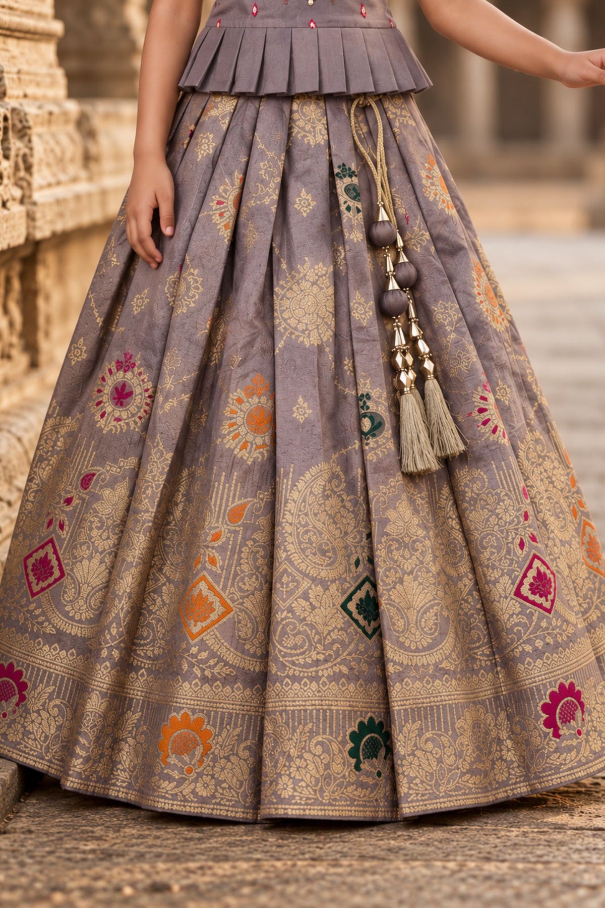 Grey Zari Woven Pattu Pavadai Set With  Puff Sleeves For Girls