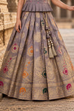 Grey Zari Woven Pattu Pavadai Set With  Puff Sleeves For Girls