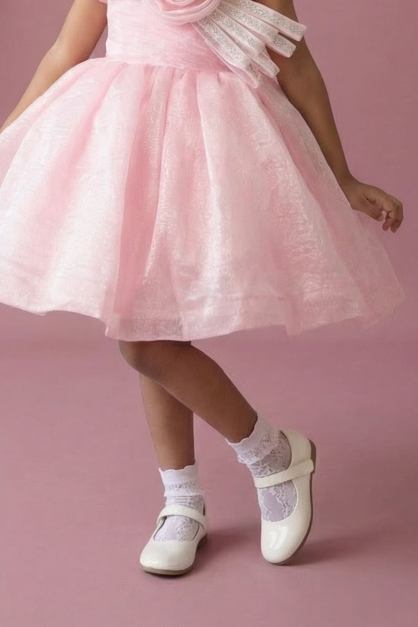 Pink One-Shoulder Party Frock with 3D Floral Bow For Girls