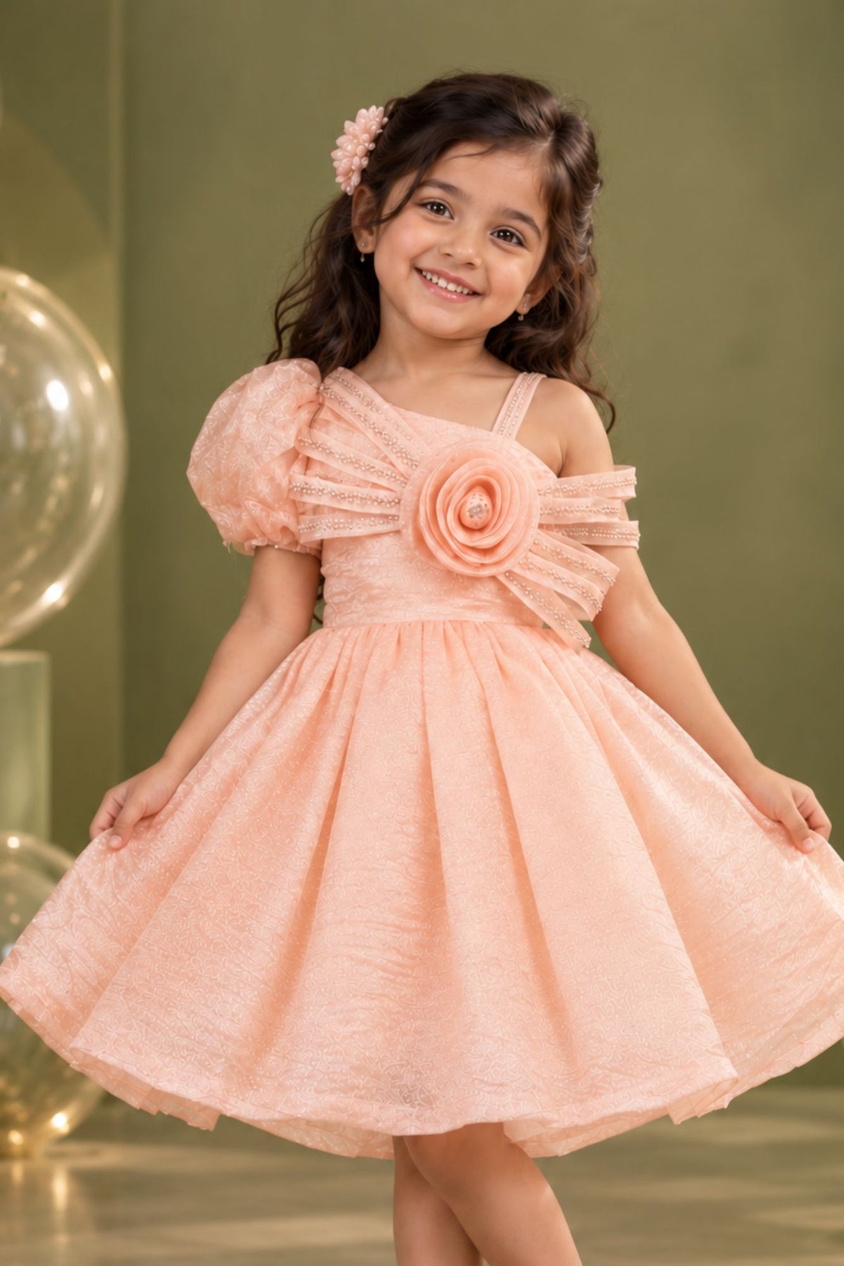 Peach One-Shoulder Party Frock with 3D Floral Bow For Girls