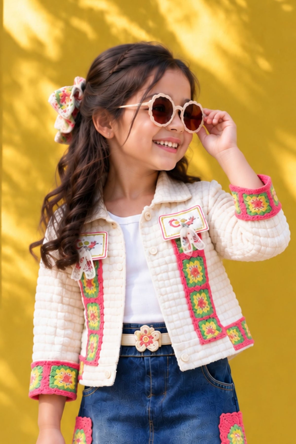 Denim Skirt Set with Embroidered Cream Jacket For Girls