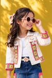 Denim Skirt Set with Embroidered Cream Jacket For Girls