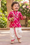 Boys Rani Pink With Gold Geometric Embroidered Kurta Dhoti Set