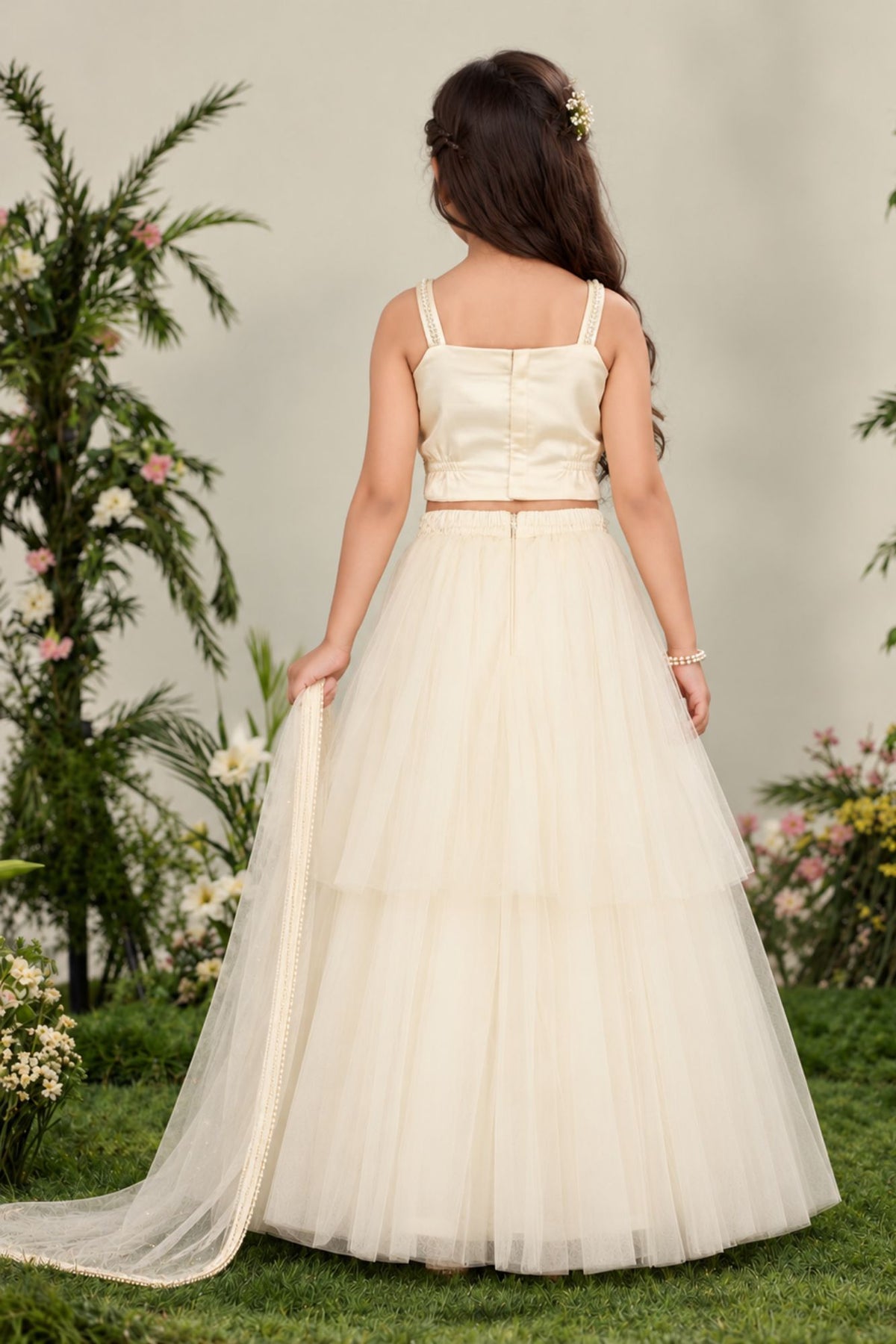 White Embroidered Lehenga Choli Set For Girls