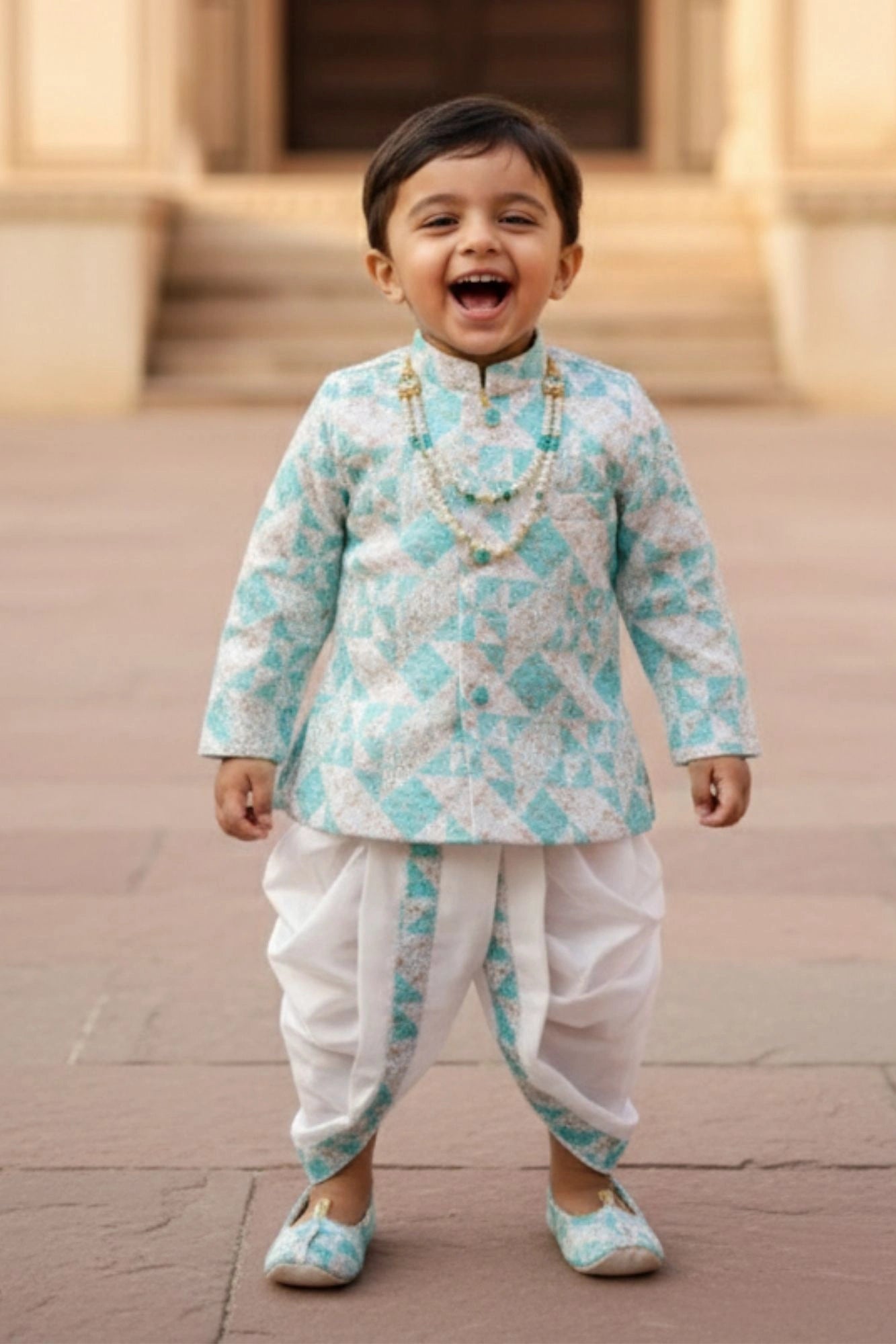 Aqua Blue Geometric Printed Kurta And Dhoti  Set for Boys