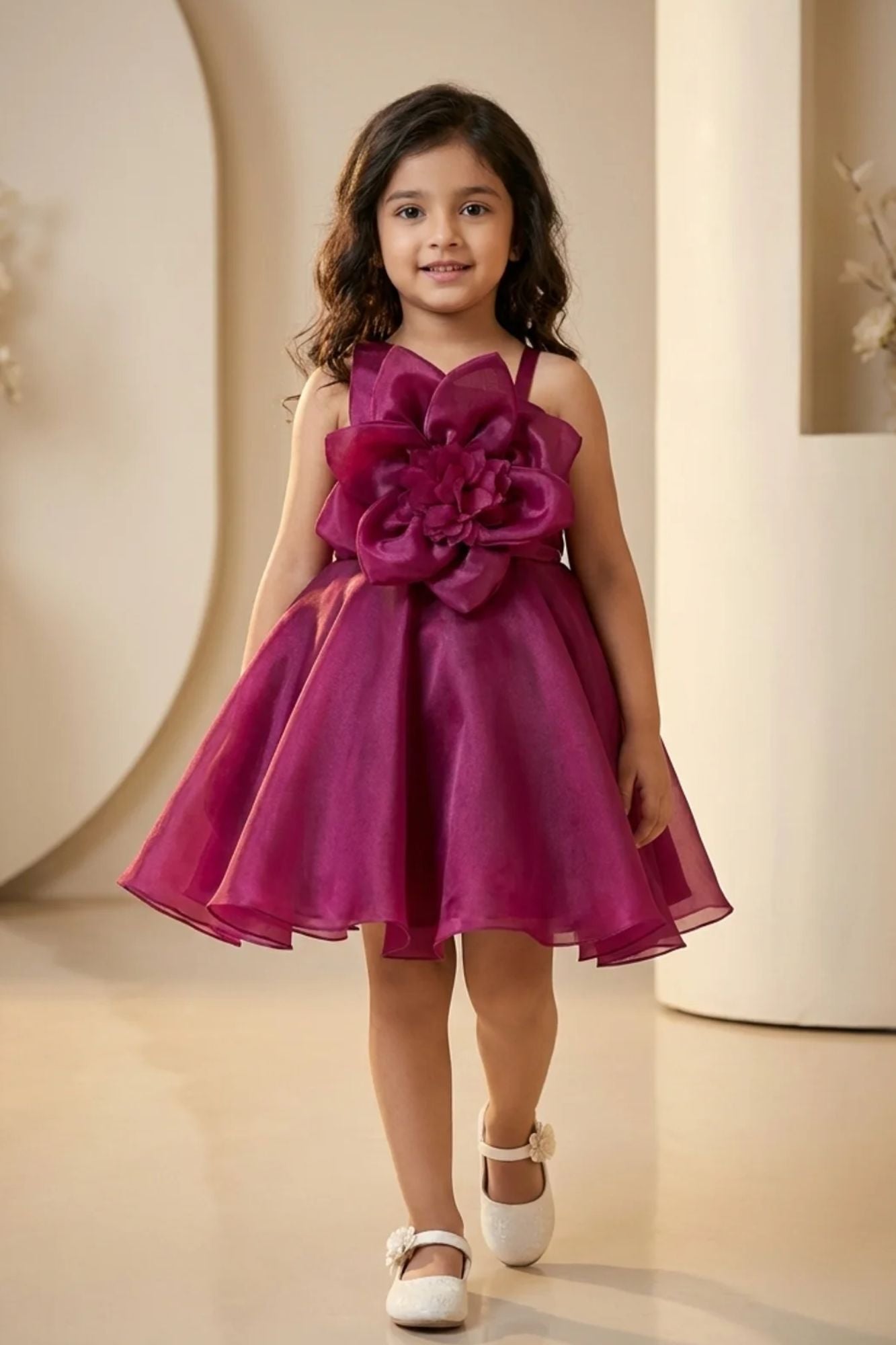 Wine Organza Frock With Floral Embellished For Girls
