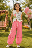 Girls White and Pink Floral Co-Ord Set with Embellished Vest