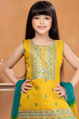 Mustard Embroidered And Sequin Top And Teal Blue Bottom Set For Girls