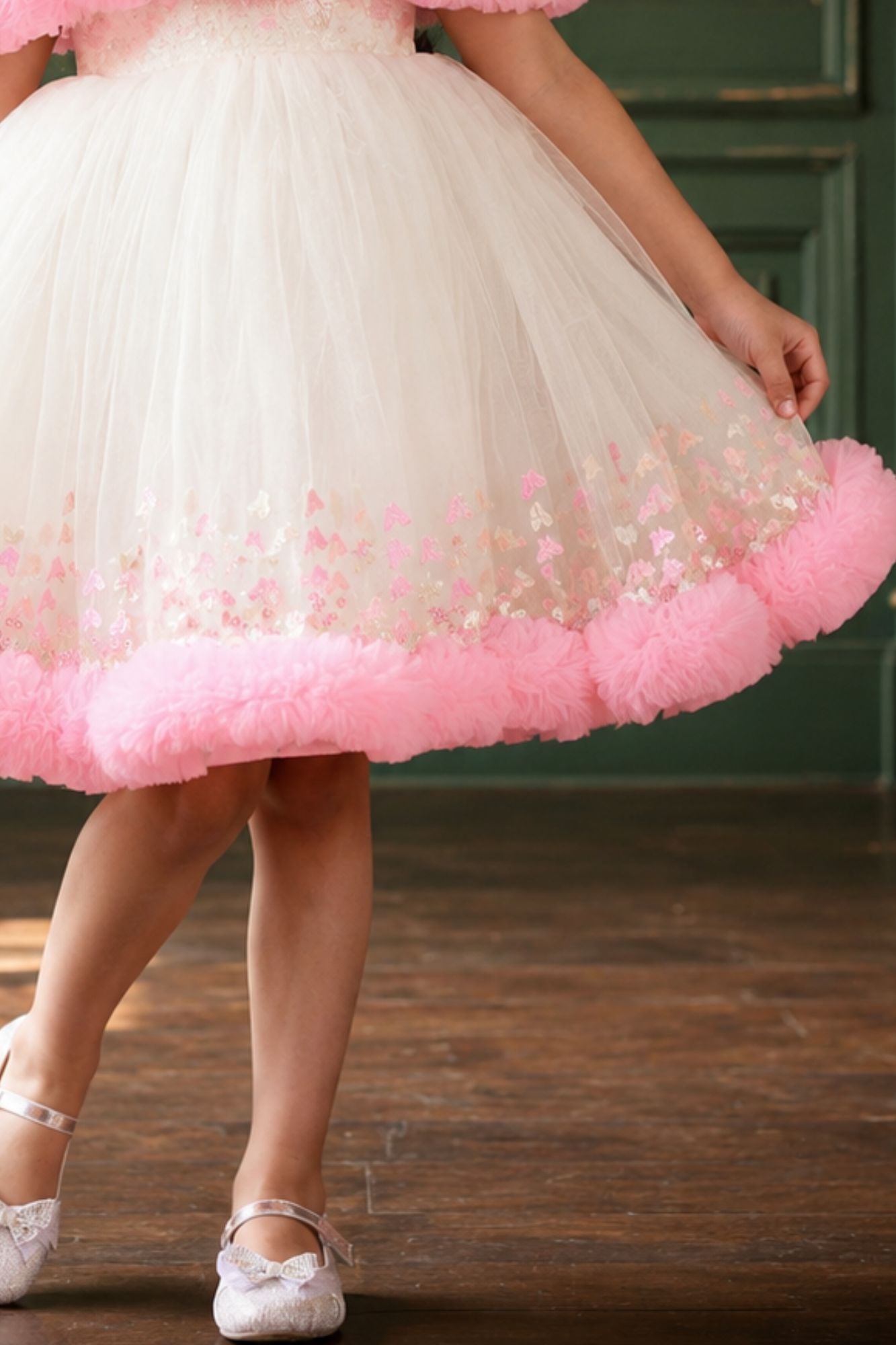Ivory Party Wear Frock With Pink Butterfly Embroidery For Girls