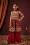 Girls Red Ethnic Kurta Palazzo Set with Dupatta and Traditional Print Detailing