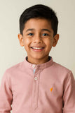 Peach Mandarin Collar Shirt With Roll-Up Sleeves For Boys